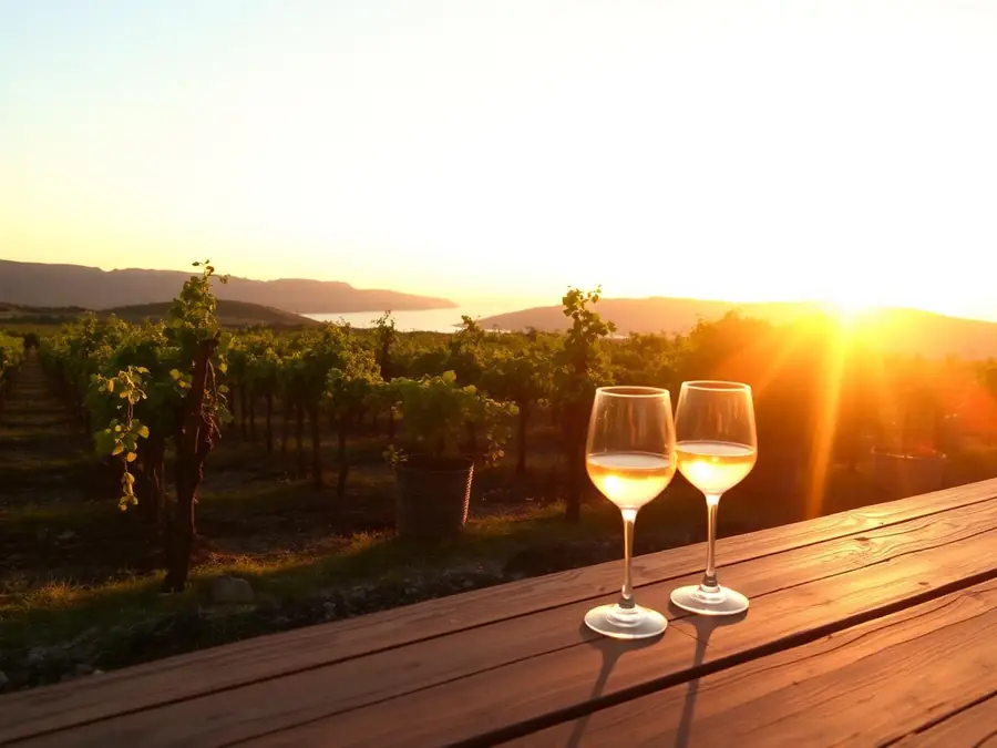 Wine glasses on a wooden table overlooking a Santorini vineyard at sunset